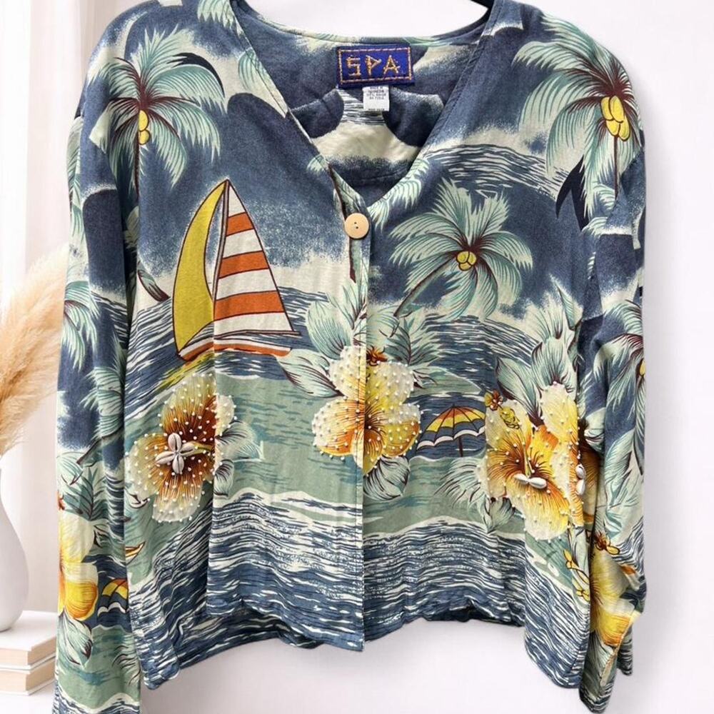 SPA Vintage Tropical Rayon Beaded Cowrie Shell Sailboat Hibiscus Blouse Large